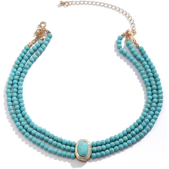 Boho Turquoise Layered Choker Necklace Imitation Pearl Women Accessories - Picture 5 of 7